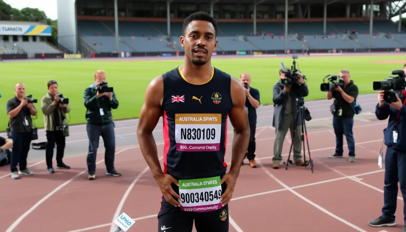 Gout Gout stands on a track, surrounded by reporters and cameras, as he announces his withdrawal from the 2026 Commonwealth Games due to health concerns.