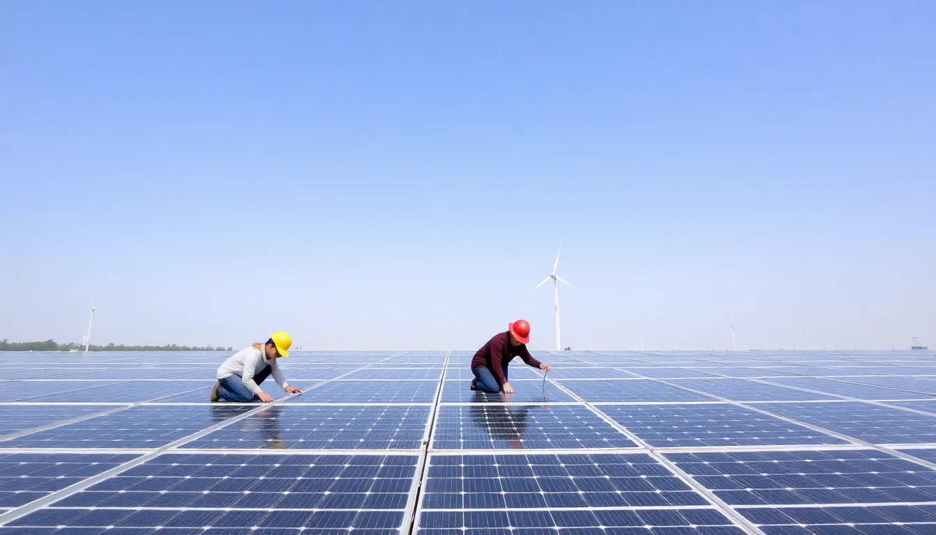 Workers install solar panels on a large solar farm in China, showcasing the country's significant investment in renewable energy as part of its green energy initiative.