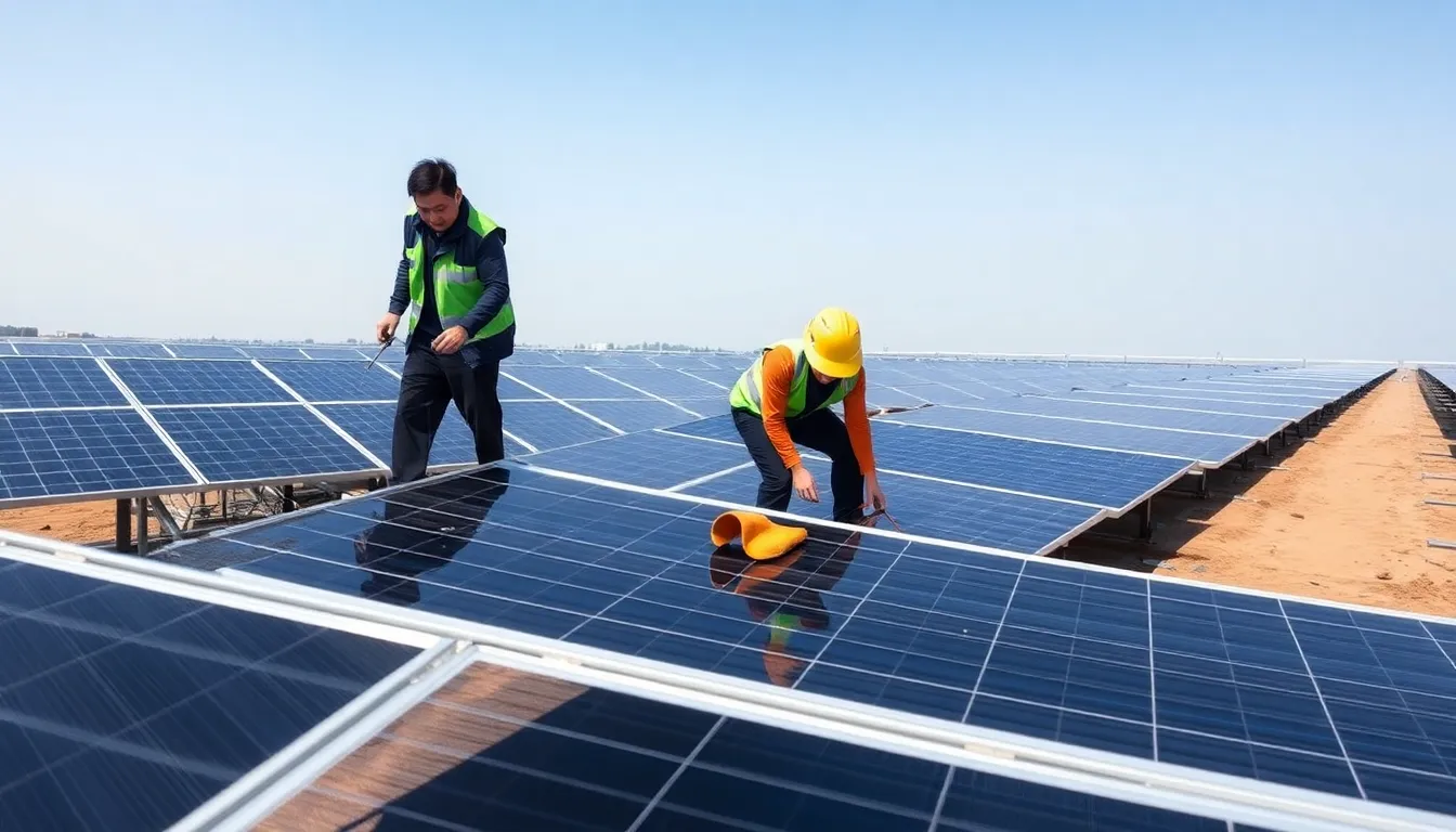 Workers assembling wind turbines at a factory, highlighting the job creation associated with the green energy sector's rapid growth