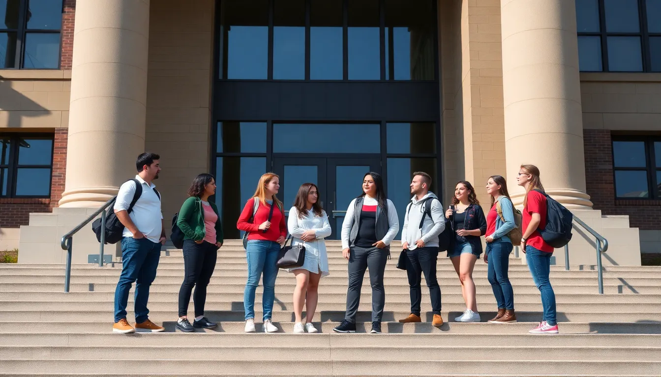 A group of students gathers outside a university building, discussing the rising costs of tuition and the impact of student loan debt on their future.