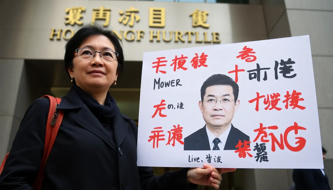 A prominent activist in Hong Kong stands outside a courthouse, holding a sign that calls for justice for her father, who was recently sentenced to prison on national security charges.