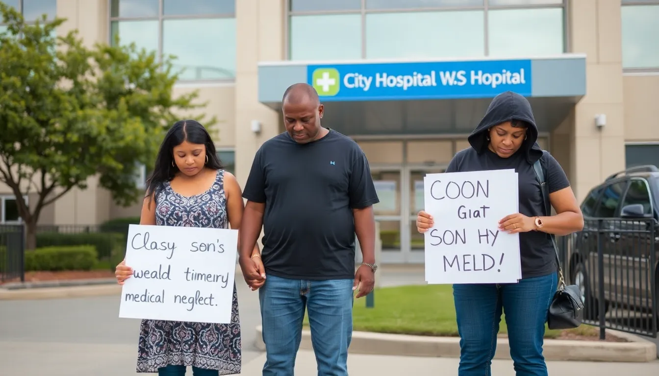 A grieving family stands outside City Hospital, holding hands and displaying deep sorrow as they seek justice for their son's untimely death due to alleged neglect in medical care.