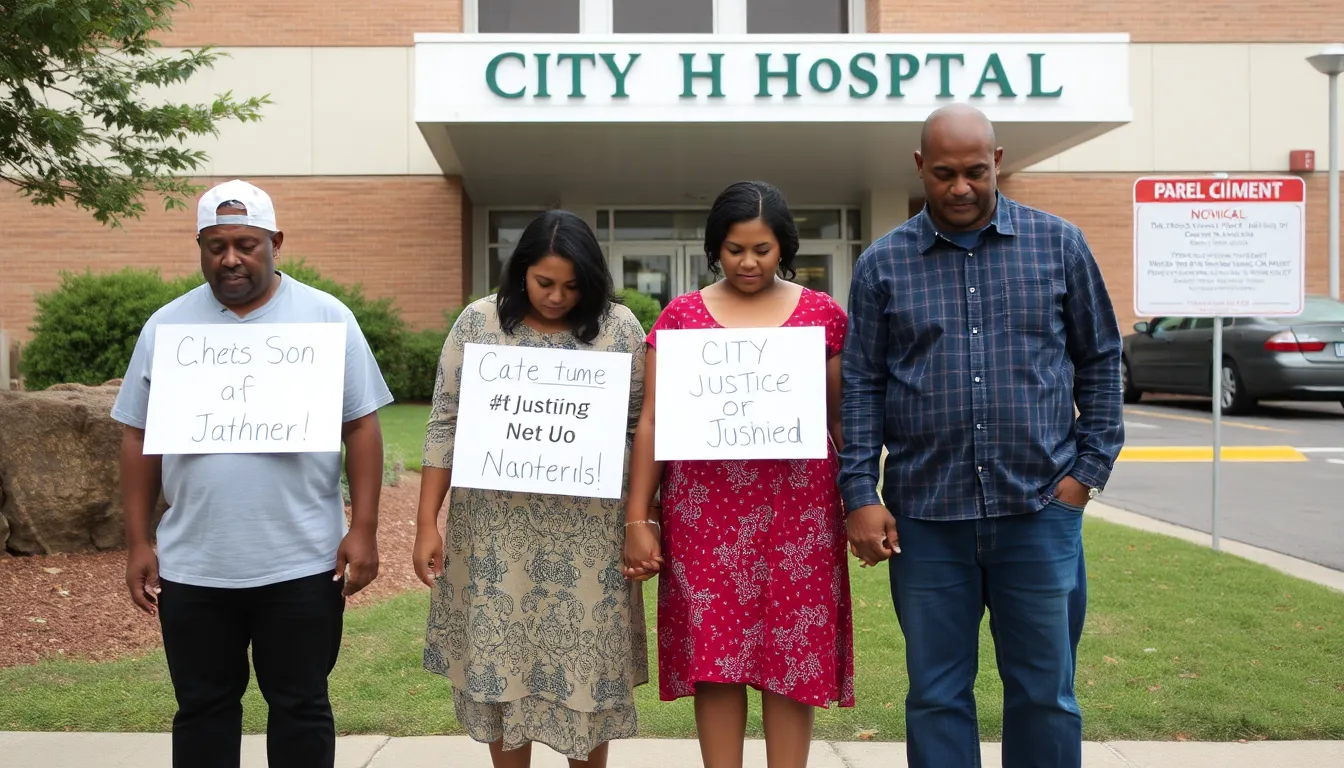 A hospital exterior looms in the background, symbolizing the institution where critical care was allegedly neglected, leaving a family devastated