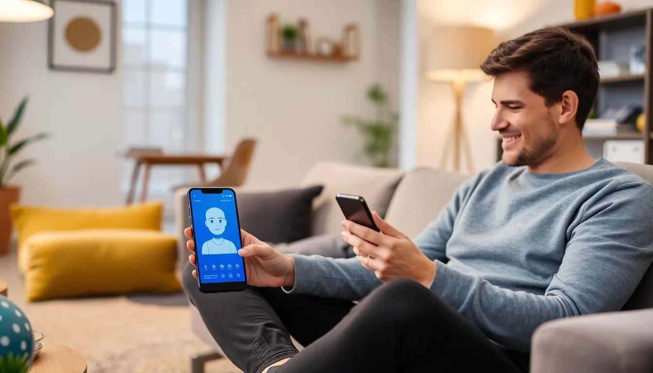 A person sits on a couch, smiling while interacting with a smartphone displaying a virtual AI companion, illustrating the growing trend of digital relationships in modern life.