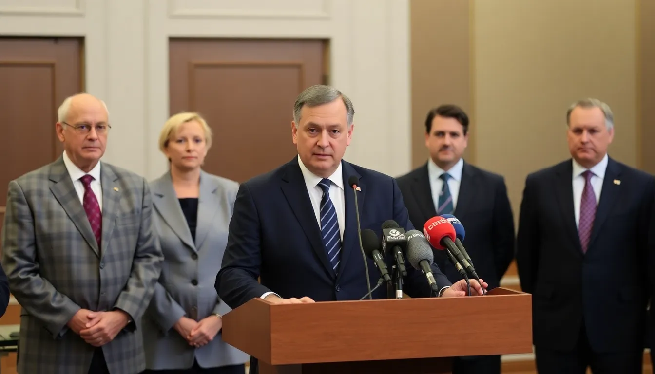 Hungarian Prime Minister Viktor Orbán speaks at a press conference, addressing concerns over the European Union's proposed financial aid package for Ukraine while flanked by government officials.