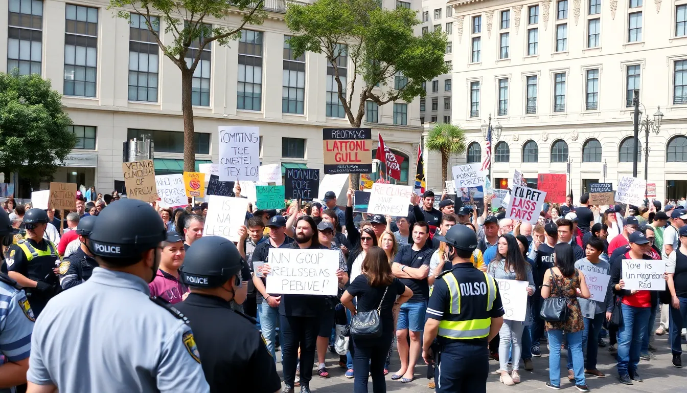 A tense interaction between law enforcement and protesters, illustrating the growing scrutiny of public demonstrations in the context of surveillance