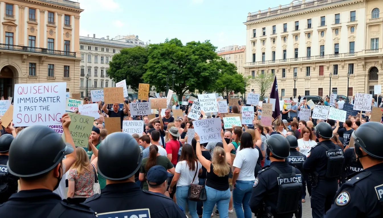 A group of protesters gathers in a city square, holding signs and chanting slogans against immigration policies while a police presence monitors the demonstration.