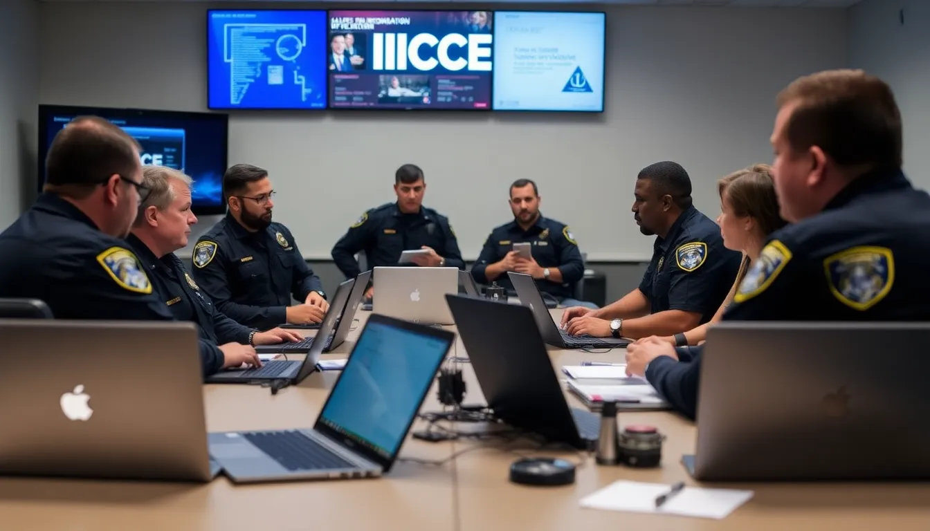 A group of ICE agents is seen discussing strategies in a conference room filled with laptops and digital displays, highlighting the agency's increased reliance on advanced technology for immigration enforcement.