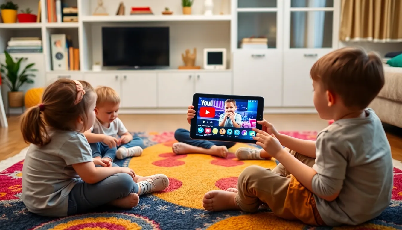 A group of children sits on a colorful rug in a living room, intently watching a tablet displaying vibrant A.I.generated content on YouTube.