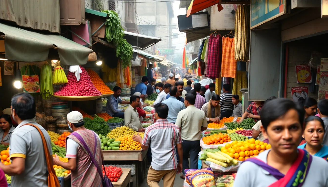 A bustling street market in India shows vendors selling fresh produce while shoppers navigate through the crowded stalls, highlighting the impact of rising food prices on daily life.