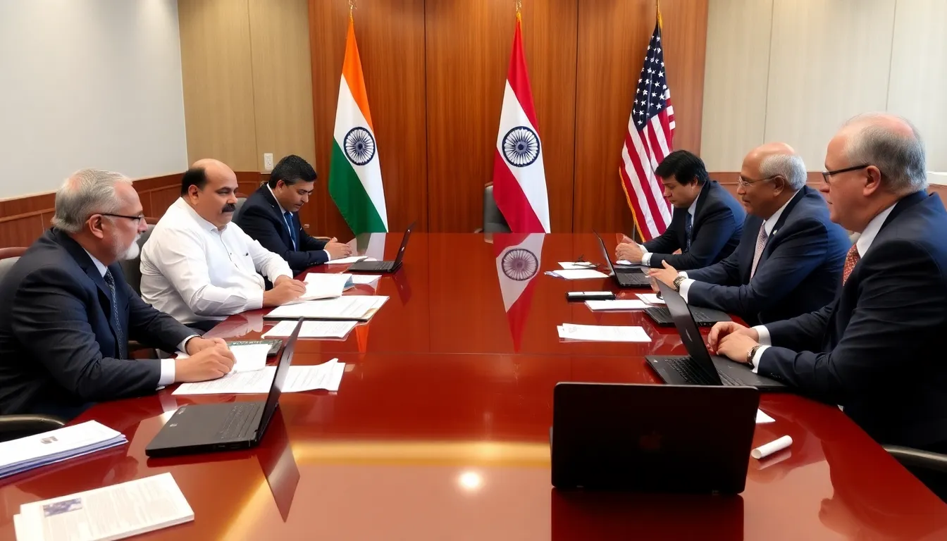 Trade representatives from India and the United States are seen discussing the postponement of trade negotiations in a conference room, with documents and laptops open on the table.