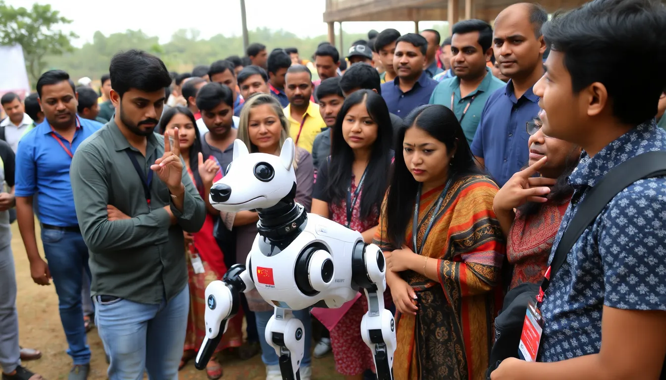 A crowd of attendees at an AI summit in Bengaluru reacts with surprise and skepticism as a university representative presents a robodog, which is clearly identified as a product of a Chinese robotics company.