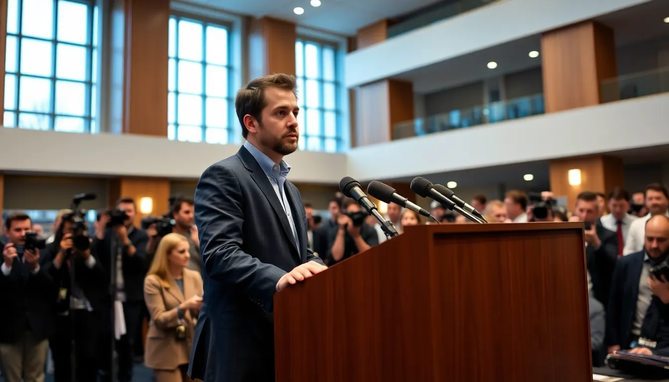 Adam Mosseri speaks during a press conference addressing concerns about excessive daily usage of Instagram and its effects on mental health.