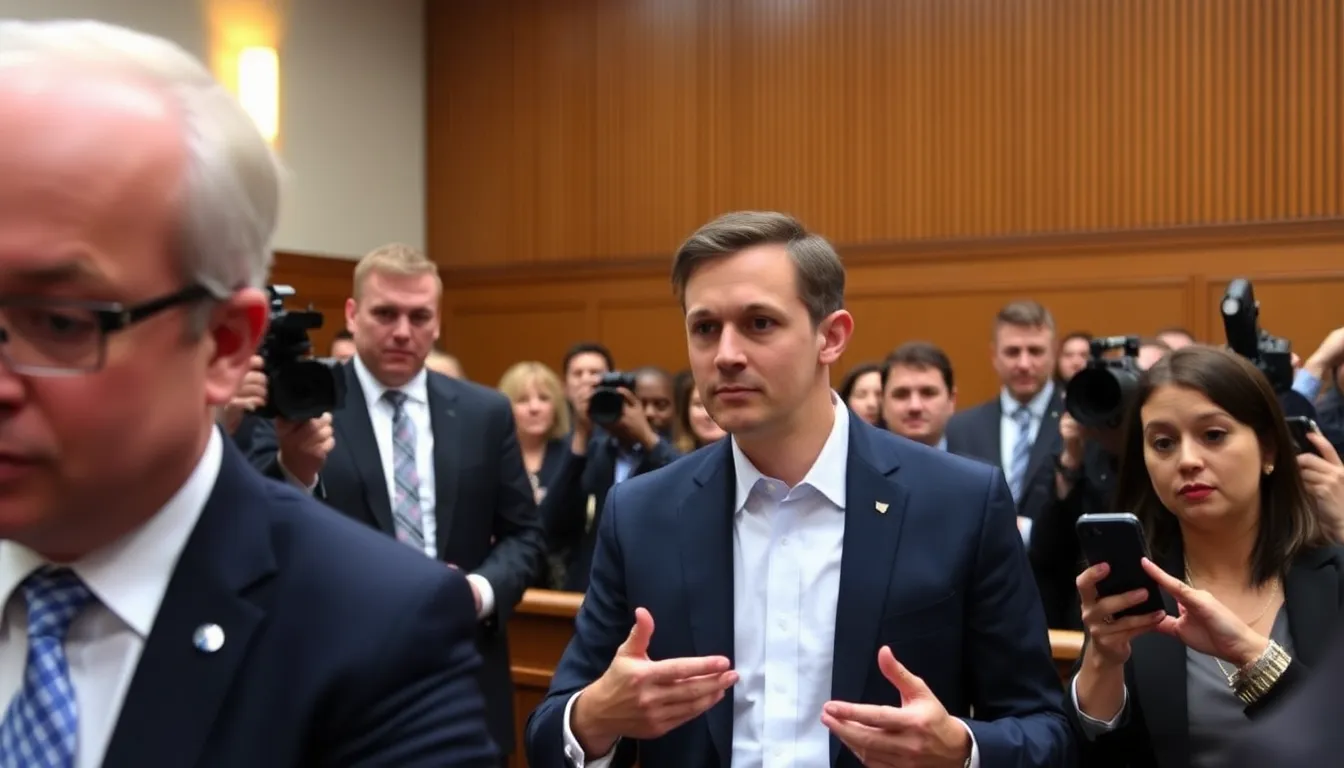 The chief executive of Instagram is seen testifying in court, surrounded by legal representatives and media, as the trial addresses the impact of social media on mental health.