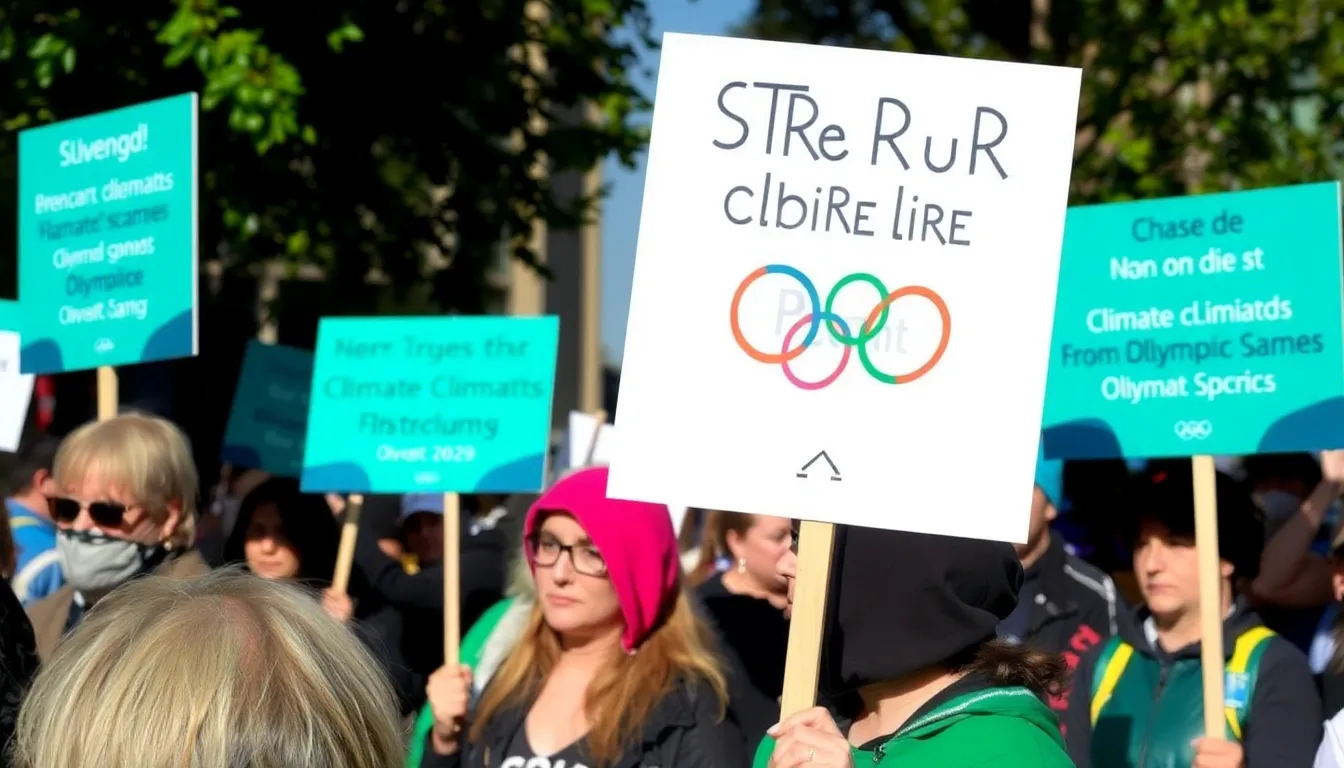 Protesters hold signs demanding stronger climate action from the International Olympic Committee during a rally in Coventry, highlighting concerns over the environmental impact of the upcoming Olympic Games.