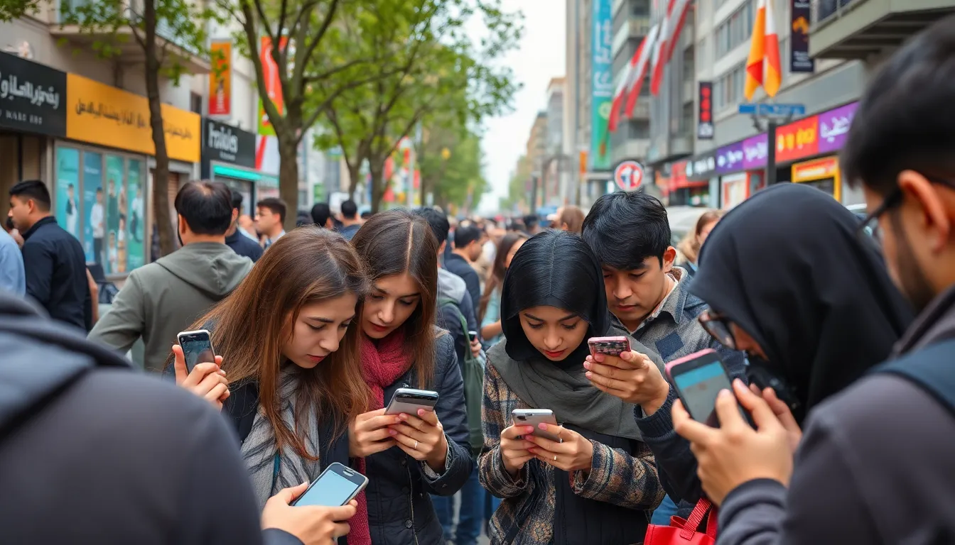 People in Tehran use their smartphones to access social media in a bustling urban area, reflecting the recent partial restoration of internet services in Iran.