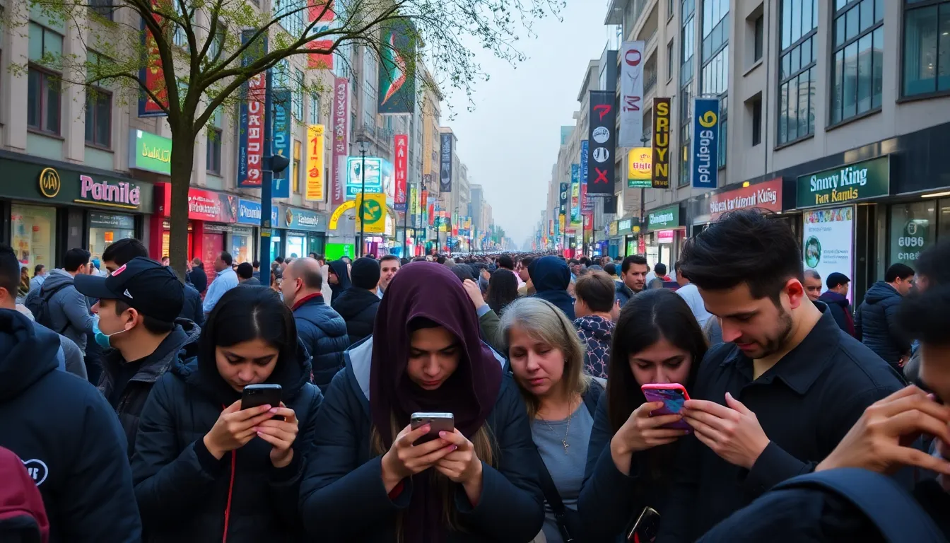 Small business owners in a bustling market taking advantage of improved internet access to enhance their online presence and reach customers