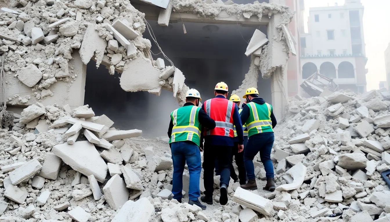Rescue workers sift through the rubble of a destroyed building in Gaza, searching for survivors after recent Israeli air strikes left dozens dead.