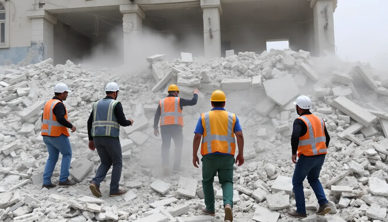Local rescue teams working amidst the rubble to recover victims, showcasing the urgent humanitarian efforts in the aftermath of destruction