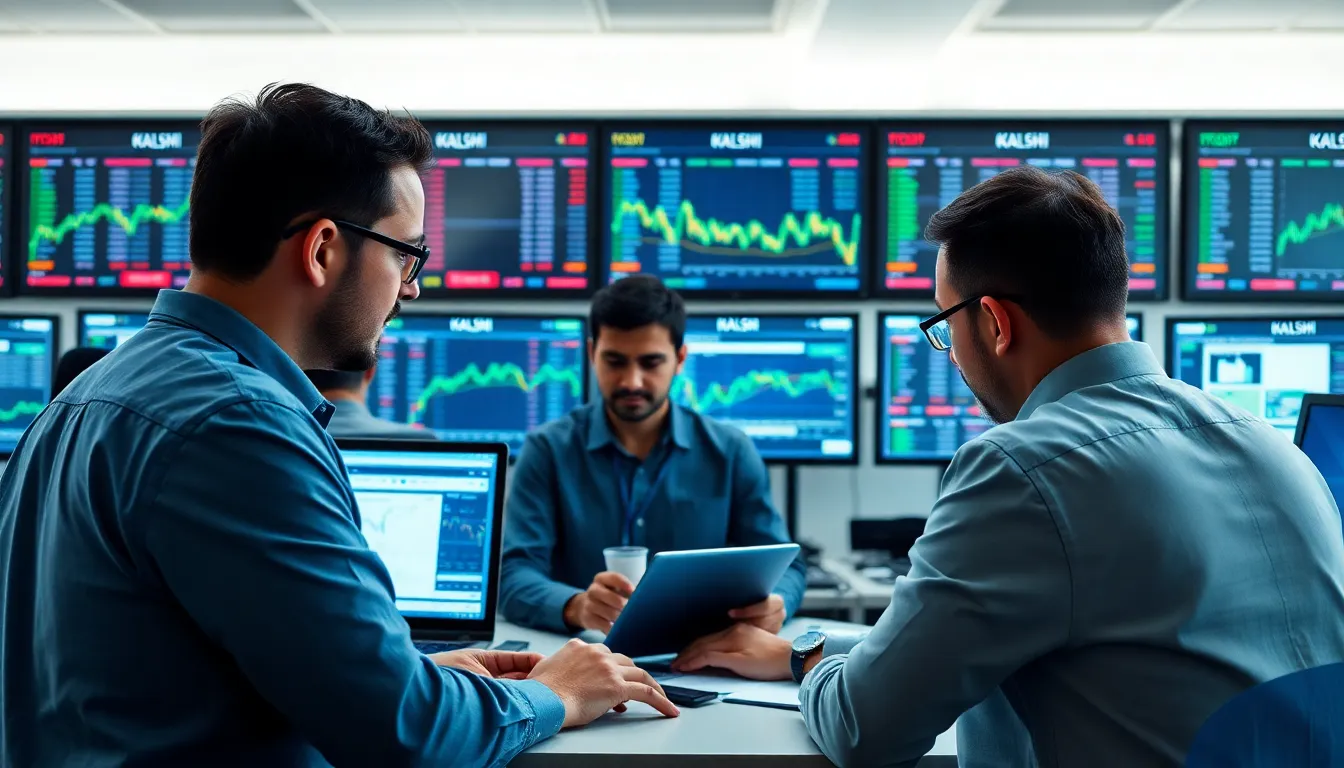 Traders actively engage on the Kalshi platform, analyzing data and placing bets on various economic outcomes during a bustling trading session.