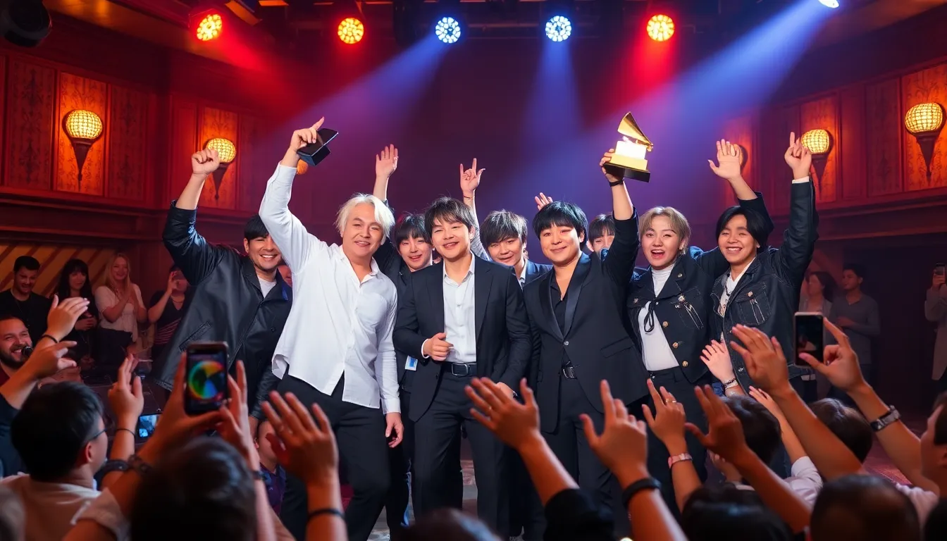 KPop Demon Hunters celebrate their historic Grammy Award win on stage, surrounded by excited fans and fellow artists in a vibrant Los Angeles venue.
