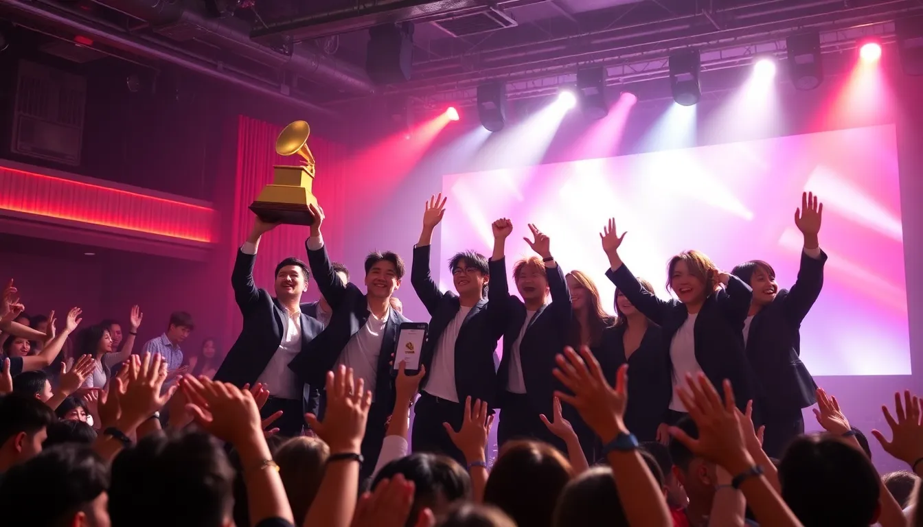 Fans passionately cheering and waving banners during the Grammy Awards, demonstrating their unwavering support for KPop Demon Hunters