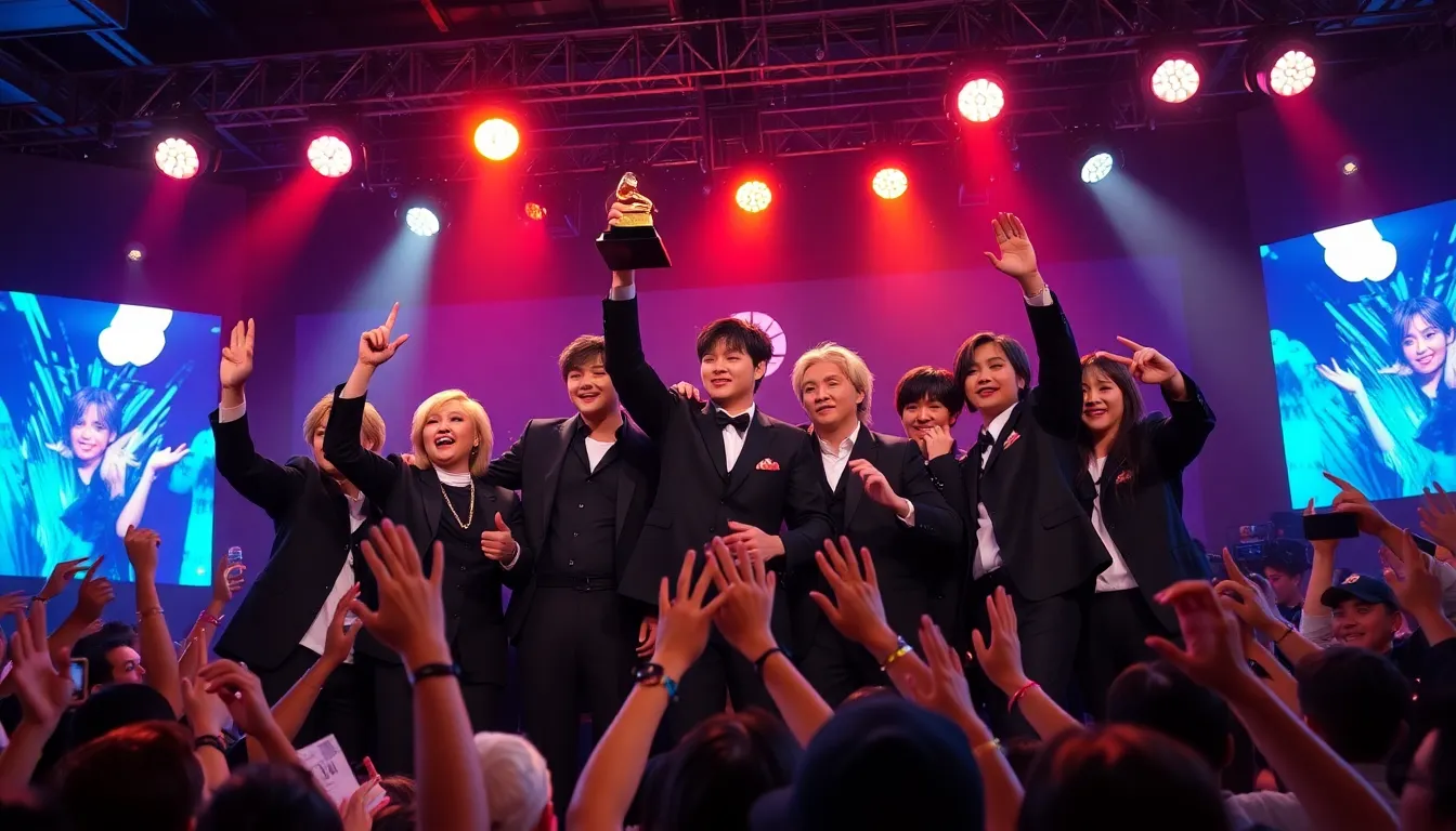 A captivating performance scene showcasing KPop Demon Hunters on stage, radiating energy and artistry that captivates their audience