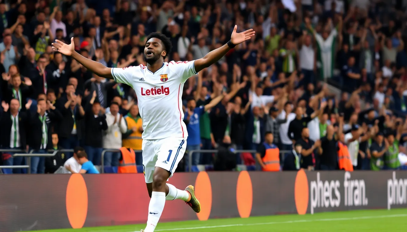 Lamine Yamal celebrates after scoring a stunning solo goal during a La Liga match against Real Betis, with fans cheering in the background.