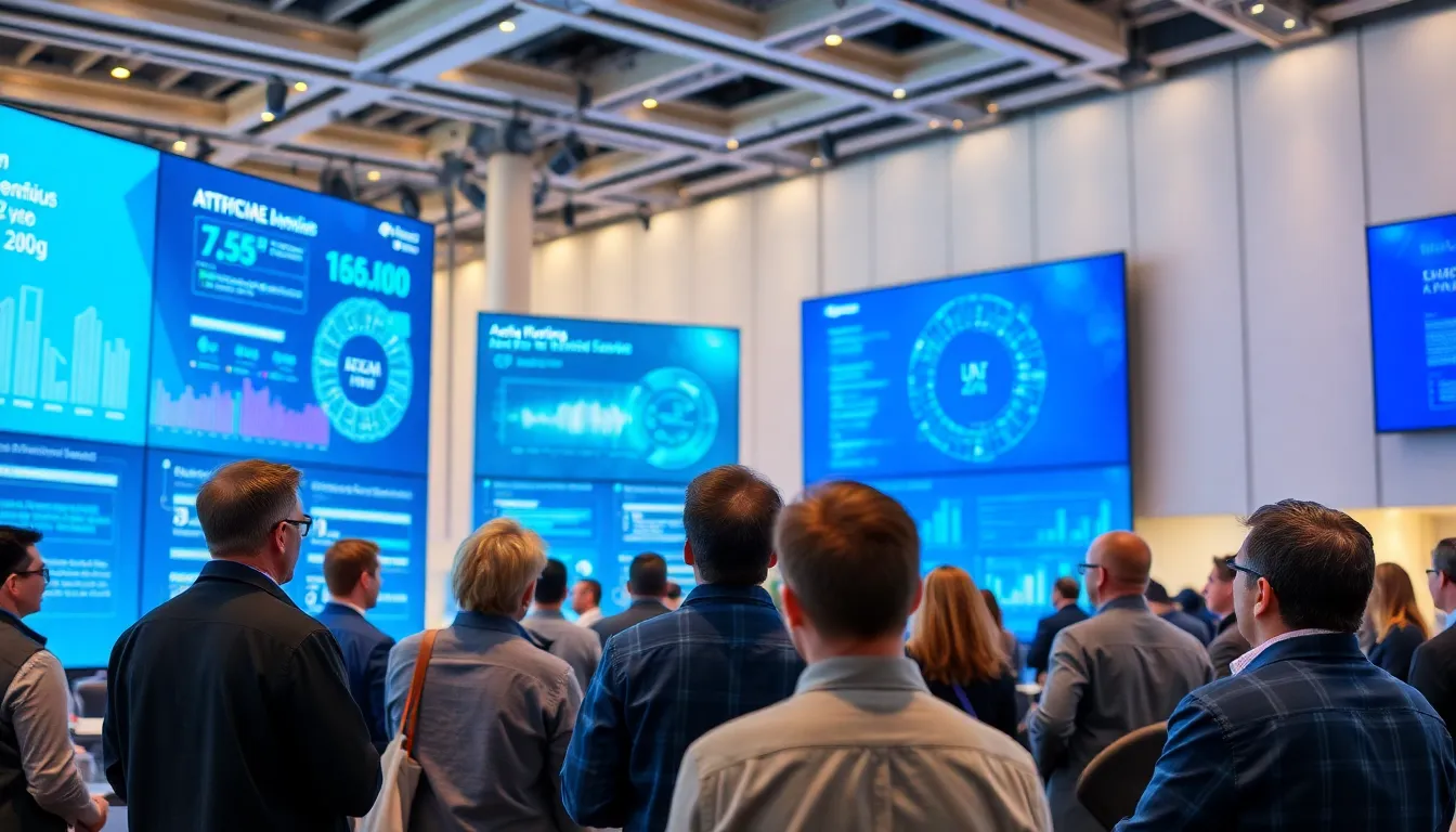 A group of professionals discusses the latest advancements in artificial intelligence during a technology conference, surrounded by screens displaying data and innovative applications.