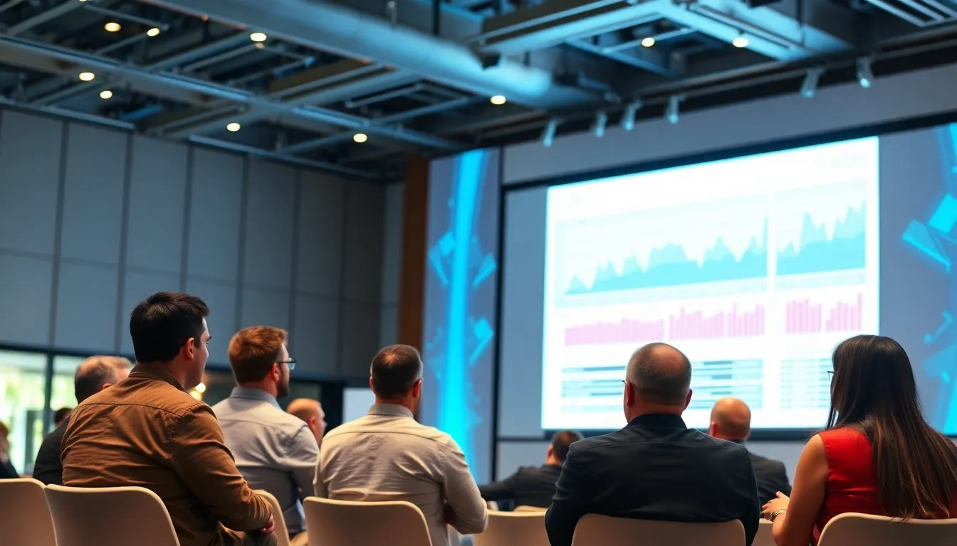 A group of professionals discusses the implications of artificial intelligence advancements during a technology conference, with a large screen displaying data trends in the background.