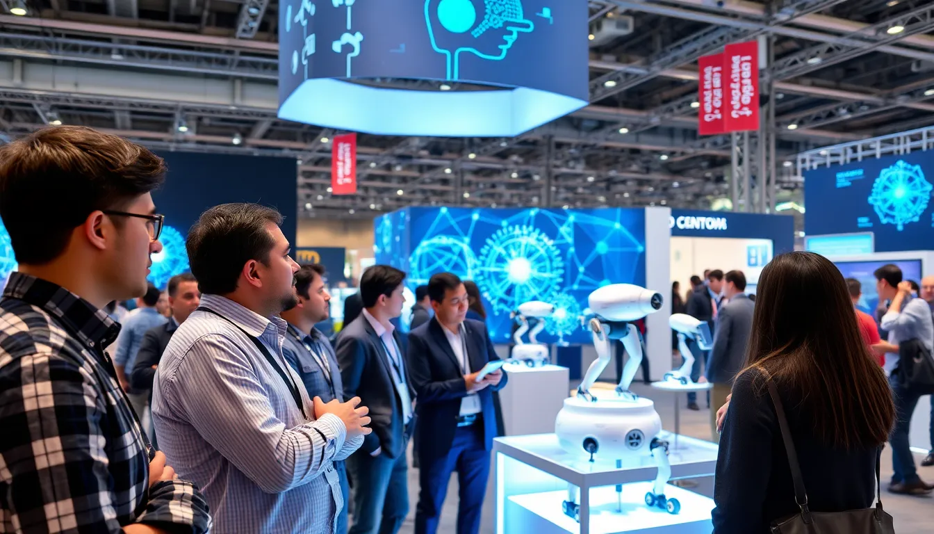 A group of technology professionals discusses the latest advancements in artificial intelligence during a conference, surrounded by displays showcasing innovative tools and models.