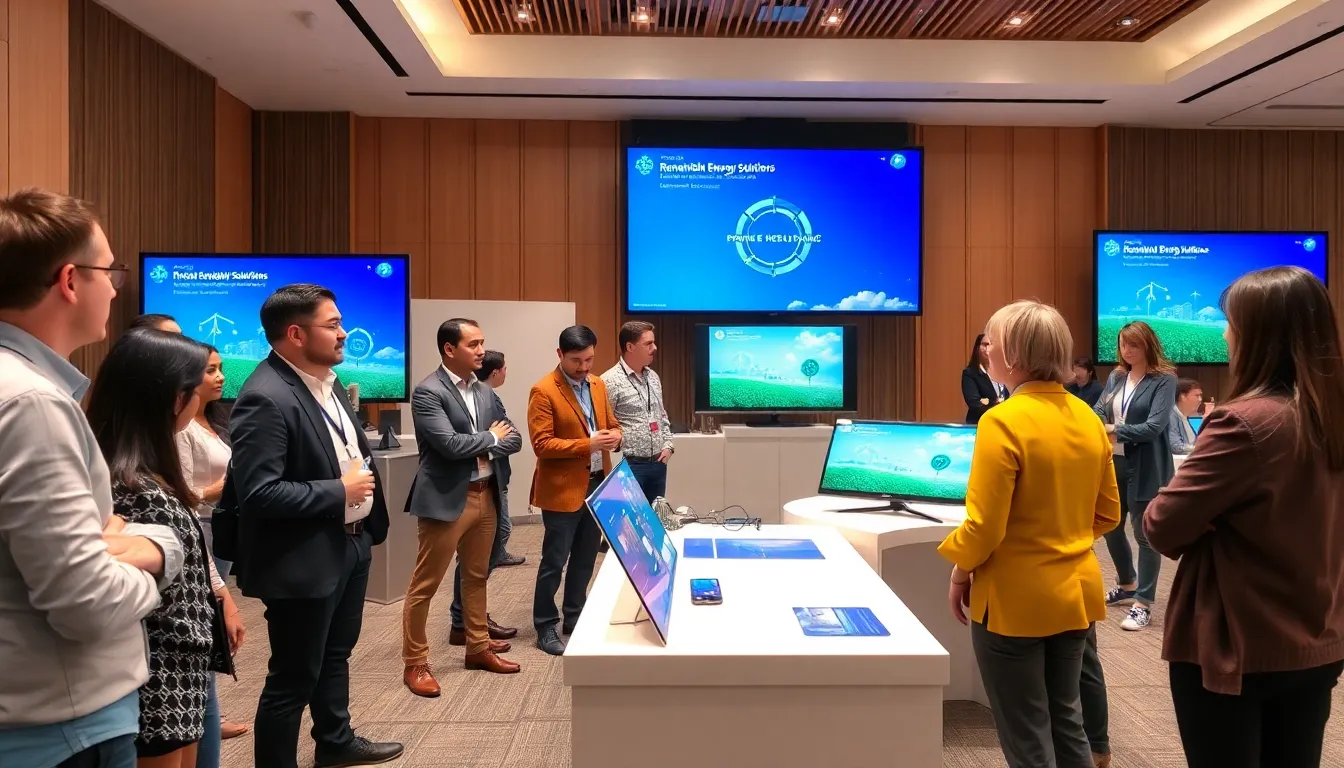 A group of technology experts gathers at a conference, discussing the latest advancements in artificial intelligence and quantum computing while showcasing innovative renewable energy solutions.