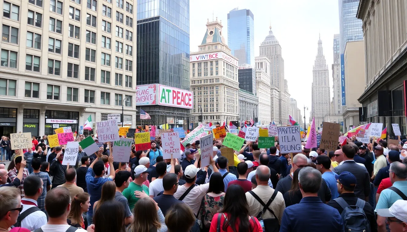 Protesters gather in a city square, holding signs and banners demanding peace and a ceasefire amid escalating tensions in the Middle East.