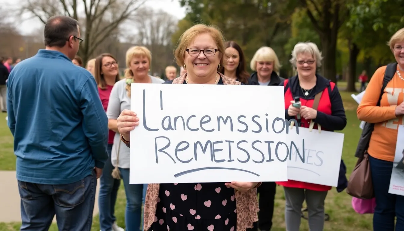 Magda Szubanski smiles while holding a sign announcing her remission from cancer, surrounded by friends and supporters celebrating her health milestone.