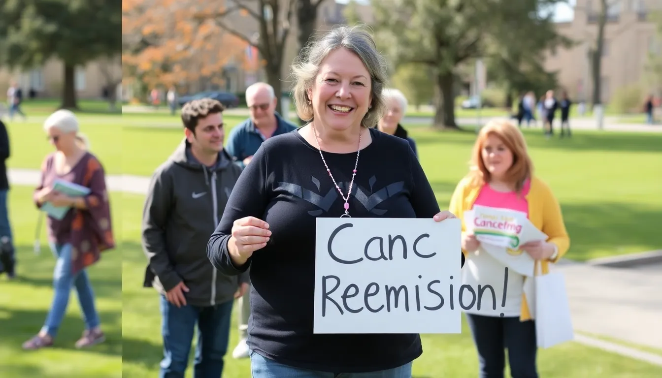 Szubanski stands confidently, embodying strength and inspiration as she celebrates her remission status with fans and supporters