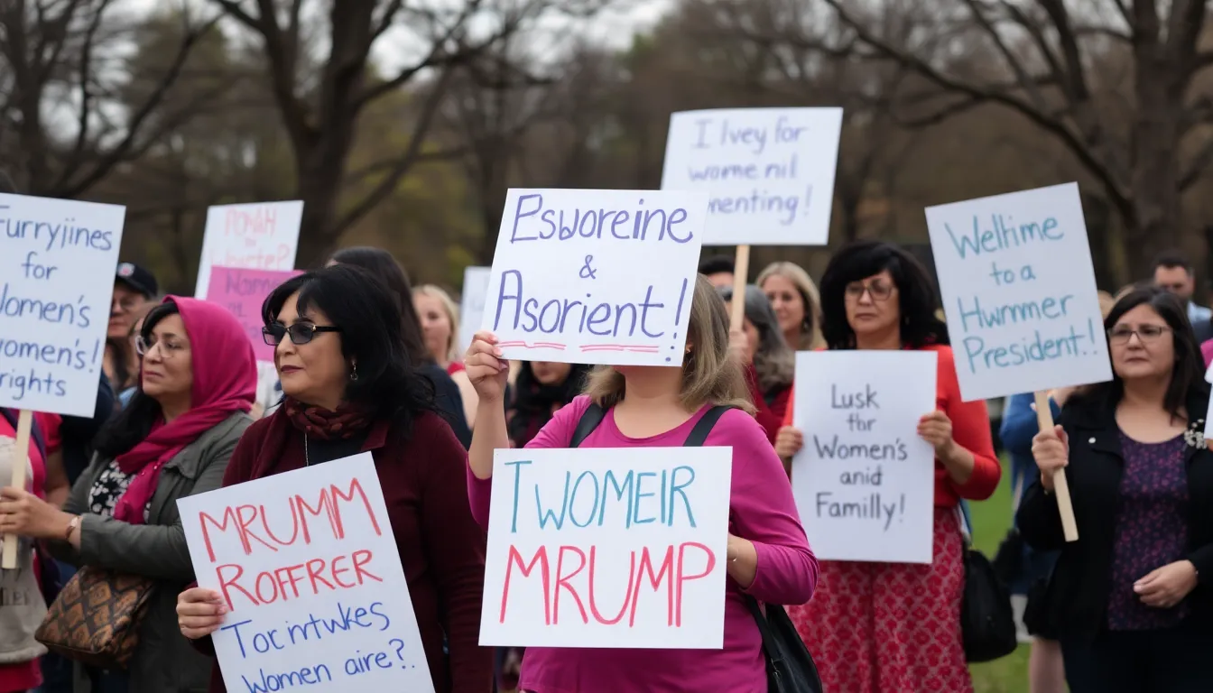 a group of mothers gathered in a park, holding signs and expressing their frustrations with former President Trump during a rally focused on women's rights and family issues.