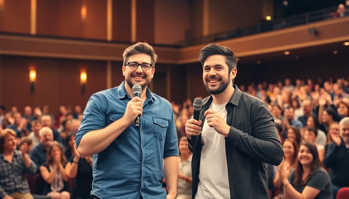 Markiplier stands on stage with a microphone in hand, celebrating the success of his first feature film while a cheering crowd applauds enthusiastically in the background.