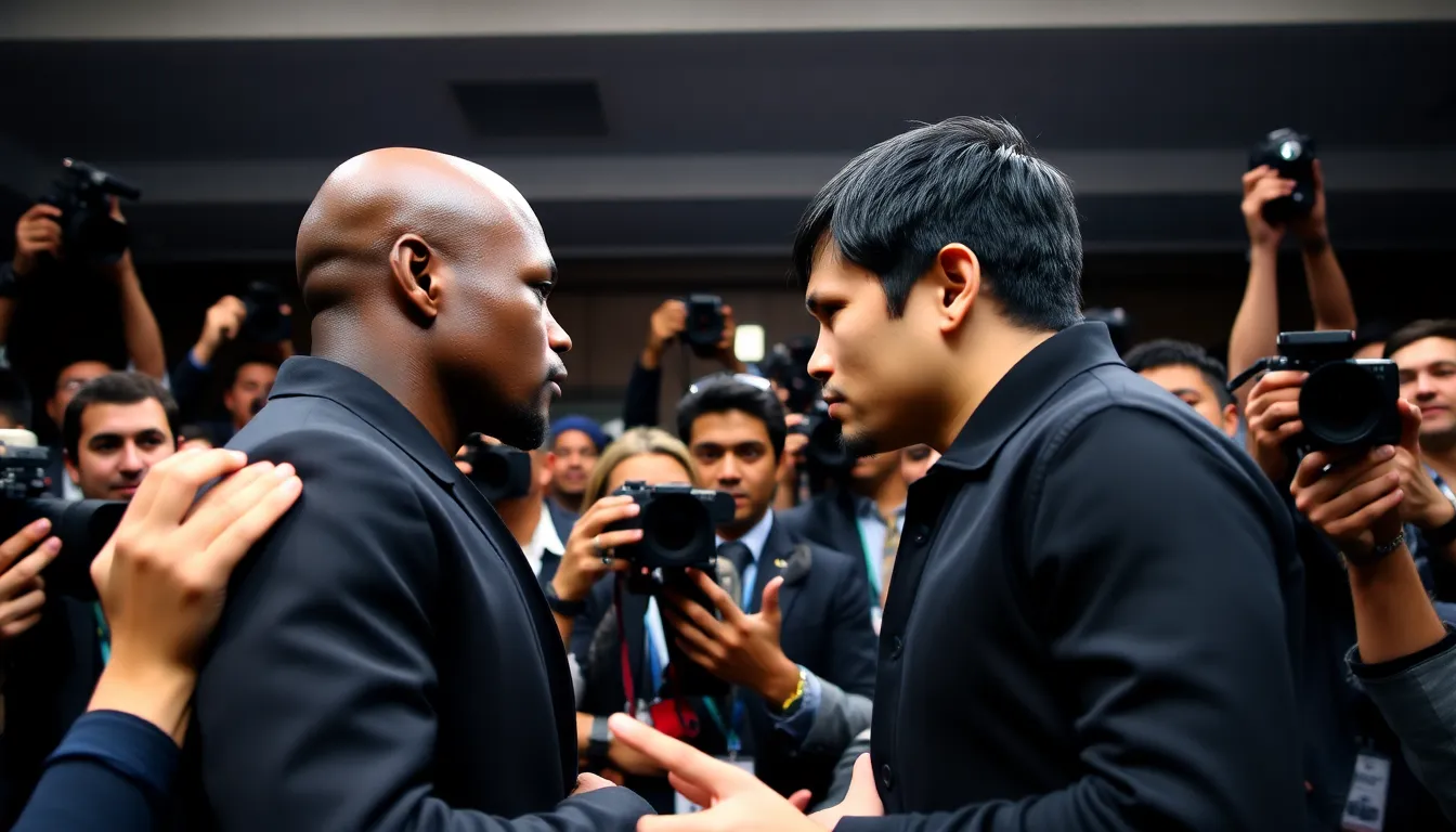 Floyd Mayweather and Manny Pacquiao engage in a heated faceoff during a press conference, surrounded by reporters and fans, as they promote their upcoming rematch scheduled for December 2023.