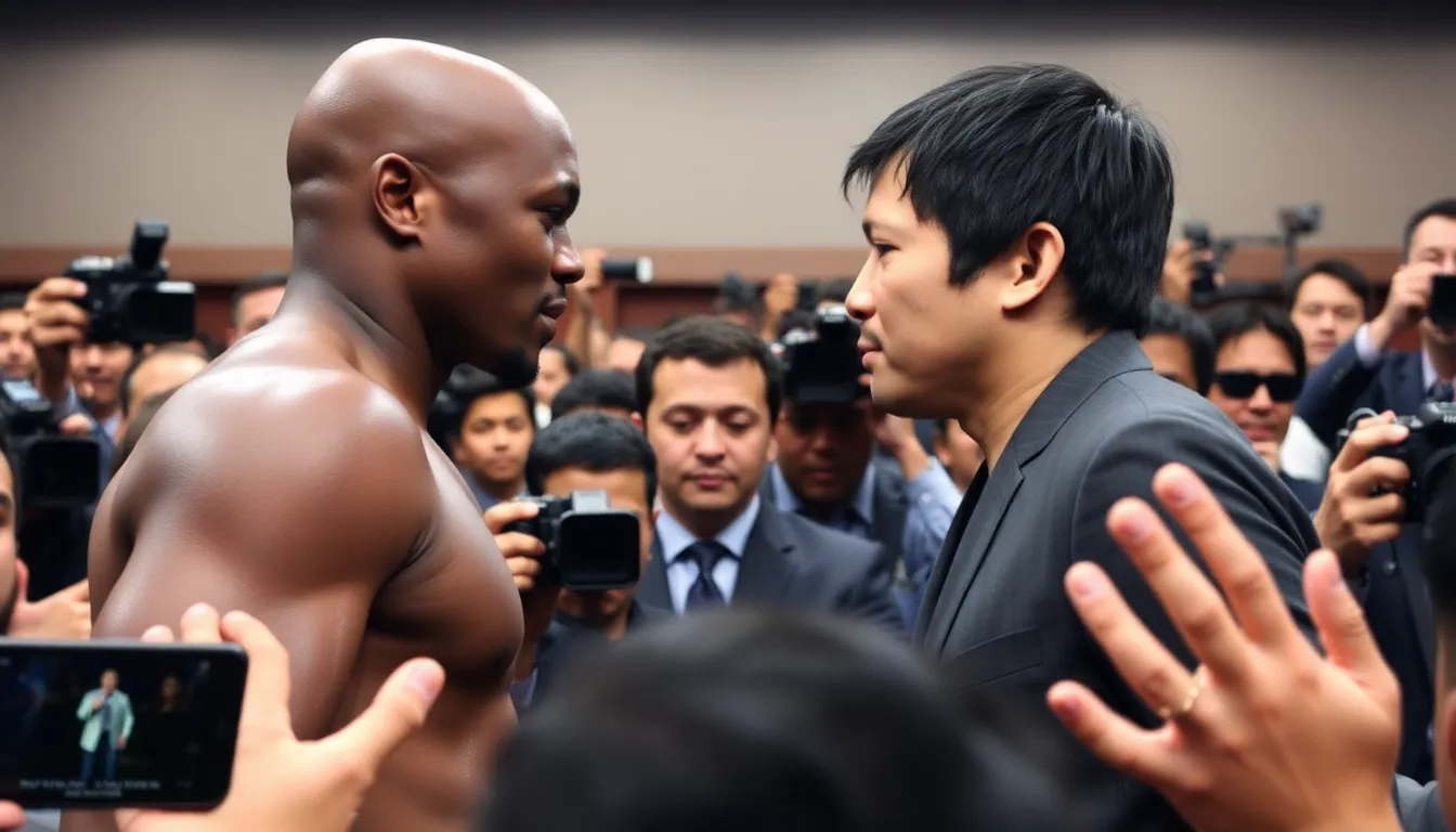 Promotional banners and advertisements flood the venue, emphasizing the commercialization of boxing leading up to the event