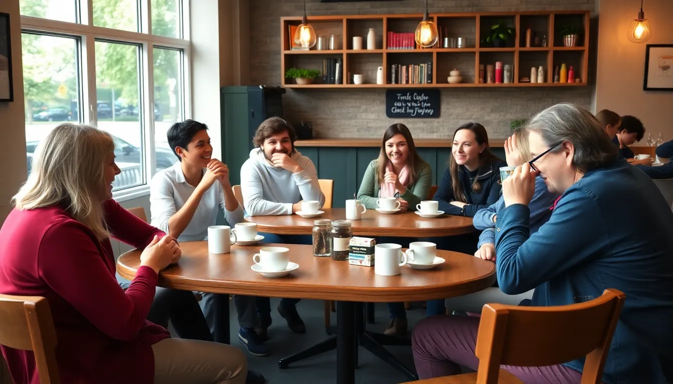 A diverse group of individuals sits around tables in a cozy café, engaging in animated discussions about mental health while sipping coffee during a community coffee morning event.
