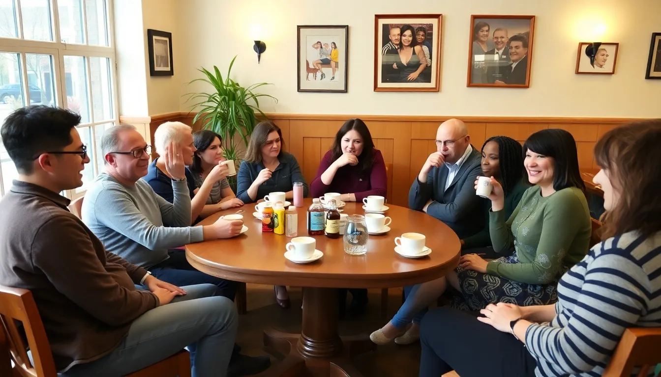 A mental health professional facilitating a discussion during a coffee morning, providing insights and guidance to participants in a supportive atmosphere