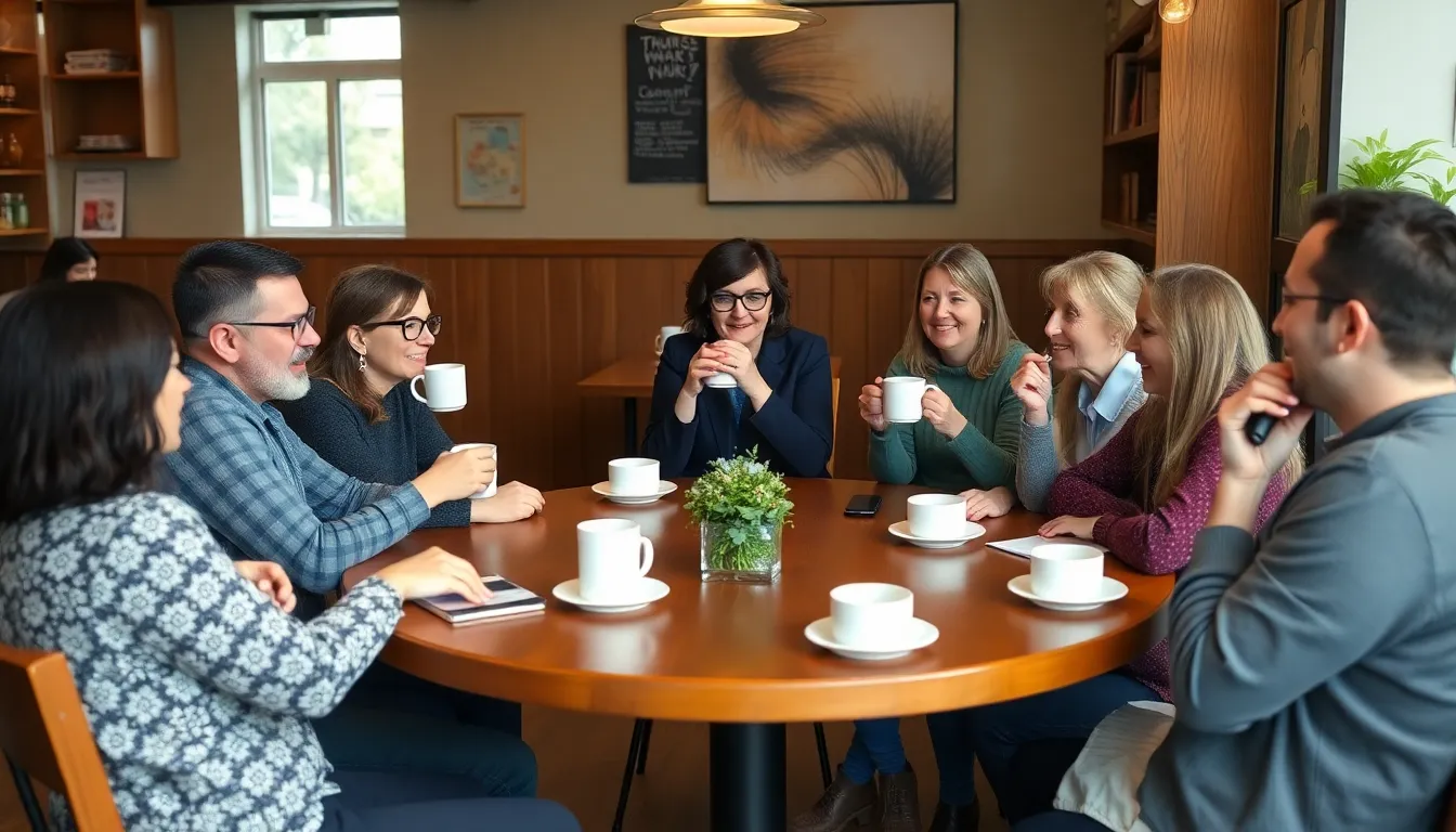 A cozy café setting filled with community members, highlighting the importance of informal gatherings for open dialogue about mental health issues