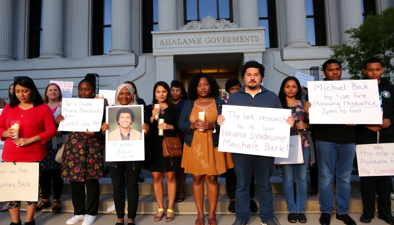 A group of people gathers outside a government building, holding signs and candles in memory of Michael Beck, as they call for more research into Havana Syndrome.