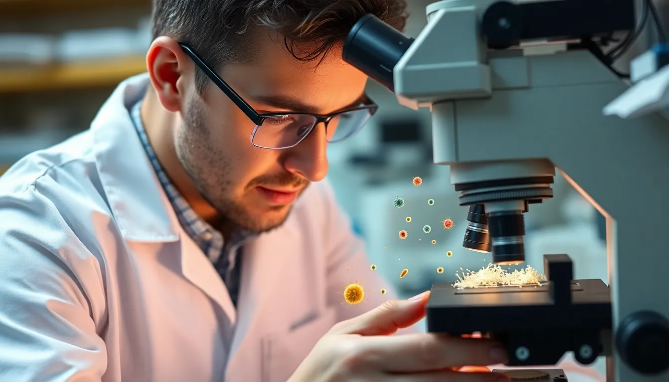 A researcher observes a live microbial sample under a microscope, highlighting the intricate movements of microorganisms as they navigate through their environment.