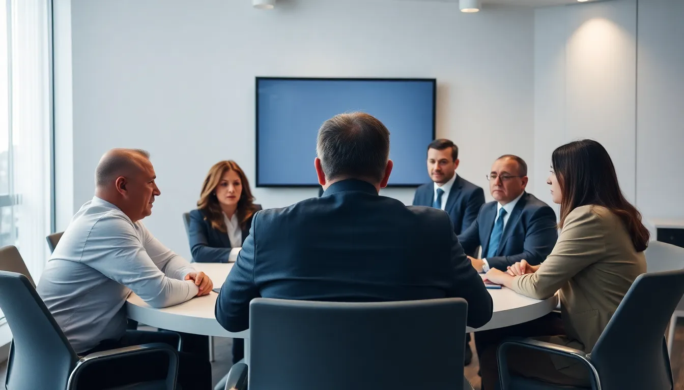 A group of tech professionals discussing the implications of AI tools on data privacy in a corporate meeting