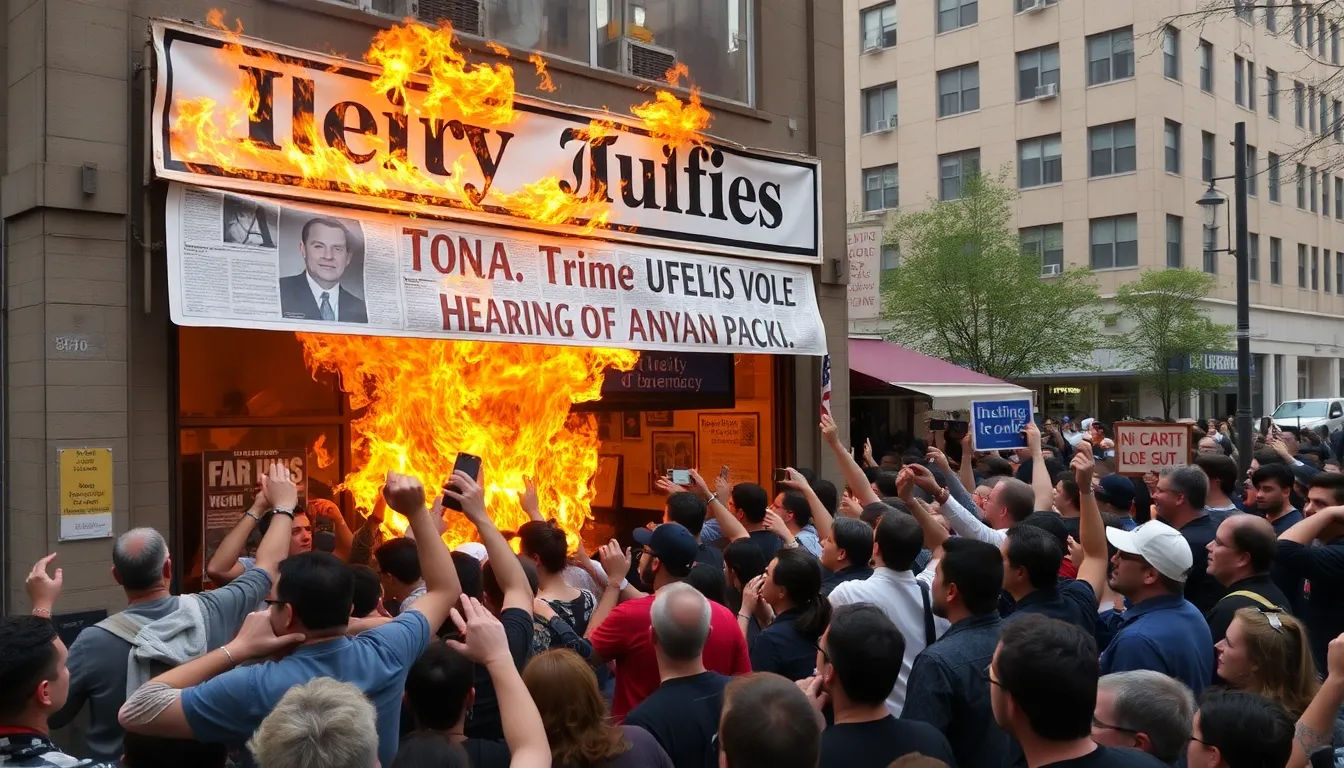 Flames engulf the local newspaper building as a chaotic crowd gathers outside, expressing anger and frustration over media coverage.
