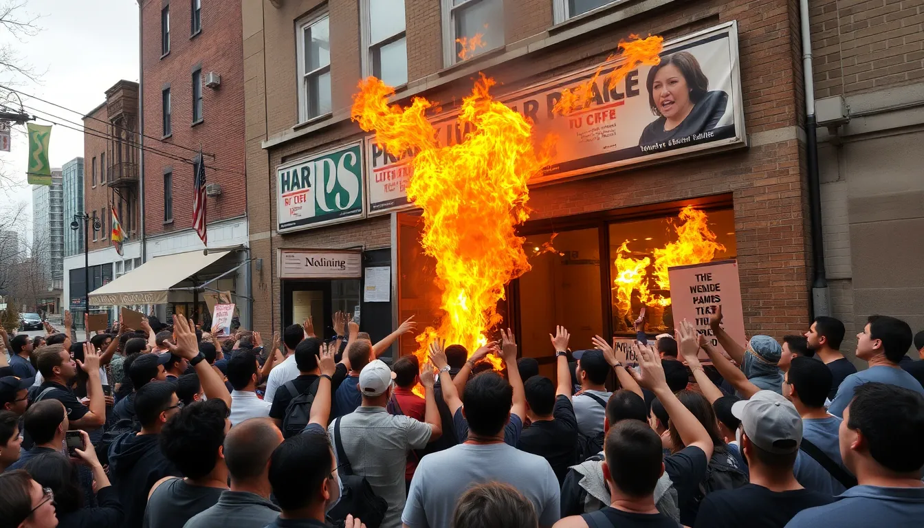 Eyewitnesses witness a scene of turmoil, with angry voices rising in protest amidst the destruction of a vital media institution