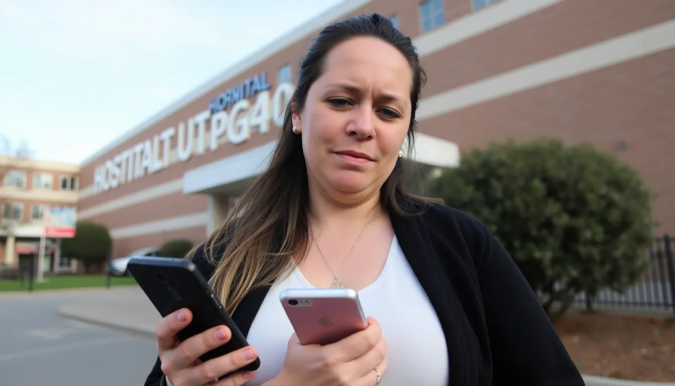 A mother stands outside a hospital, visibly emotional as she shares her experience of feeling ignored by midwives during her premature baby's birth.