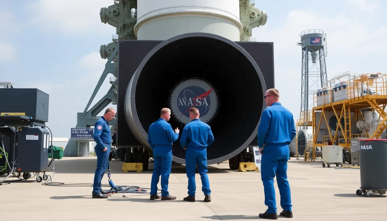 NASA engineers work on the Space Launch System rocket at a launch facility, addressing technical issues that could delay the Artemis II mission to orbit the Moon.