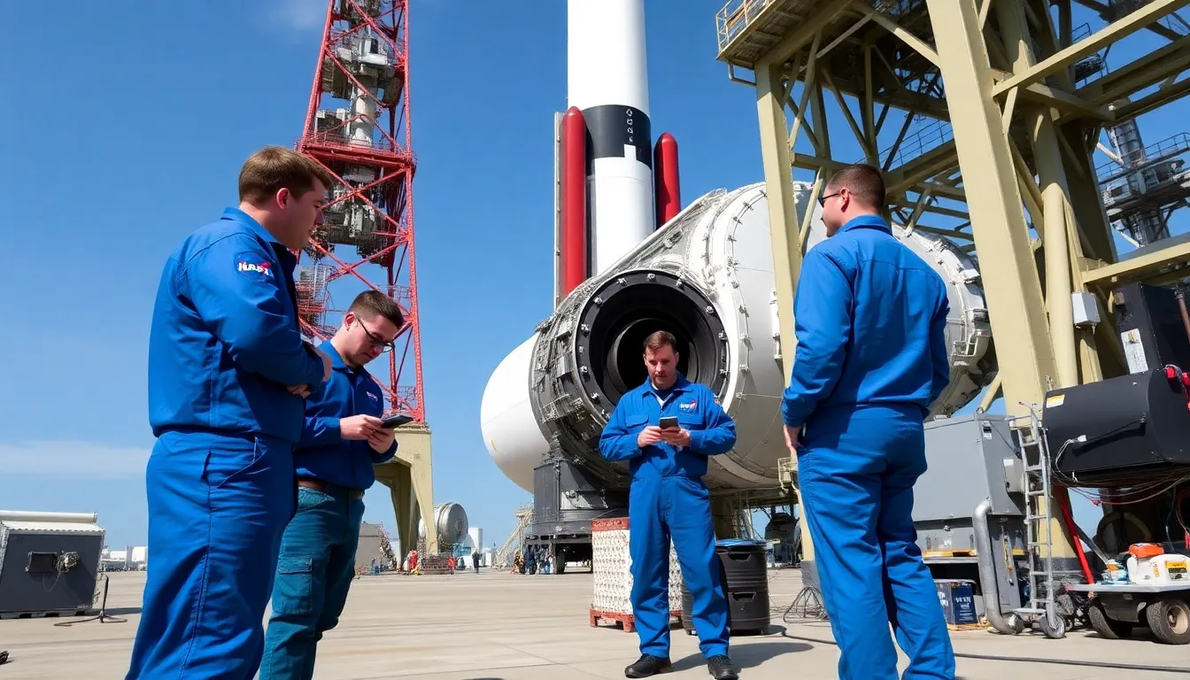 Engineers and technicians collaborating to resolve technical challenges related to the SLS rocket, ensuring mission safety and reliability